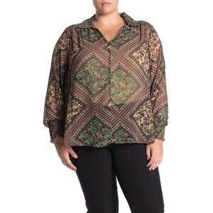 Pleione Split Neck Smocked Long Sleeve Blouse In Dusty Mint Patch Floral Size 2X